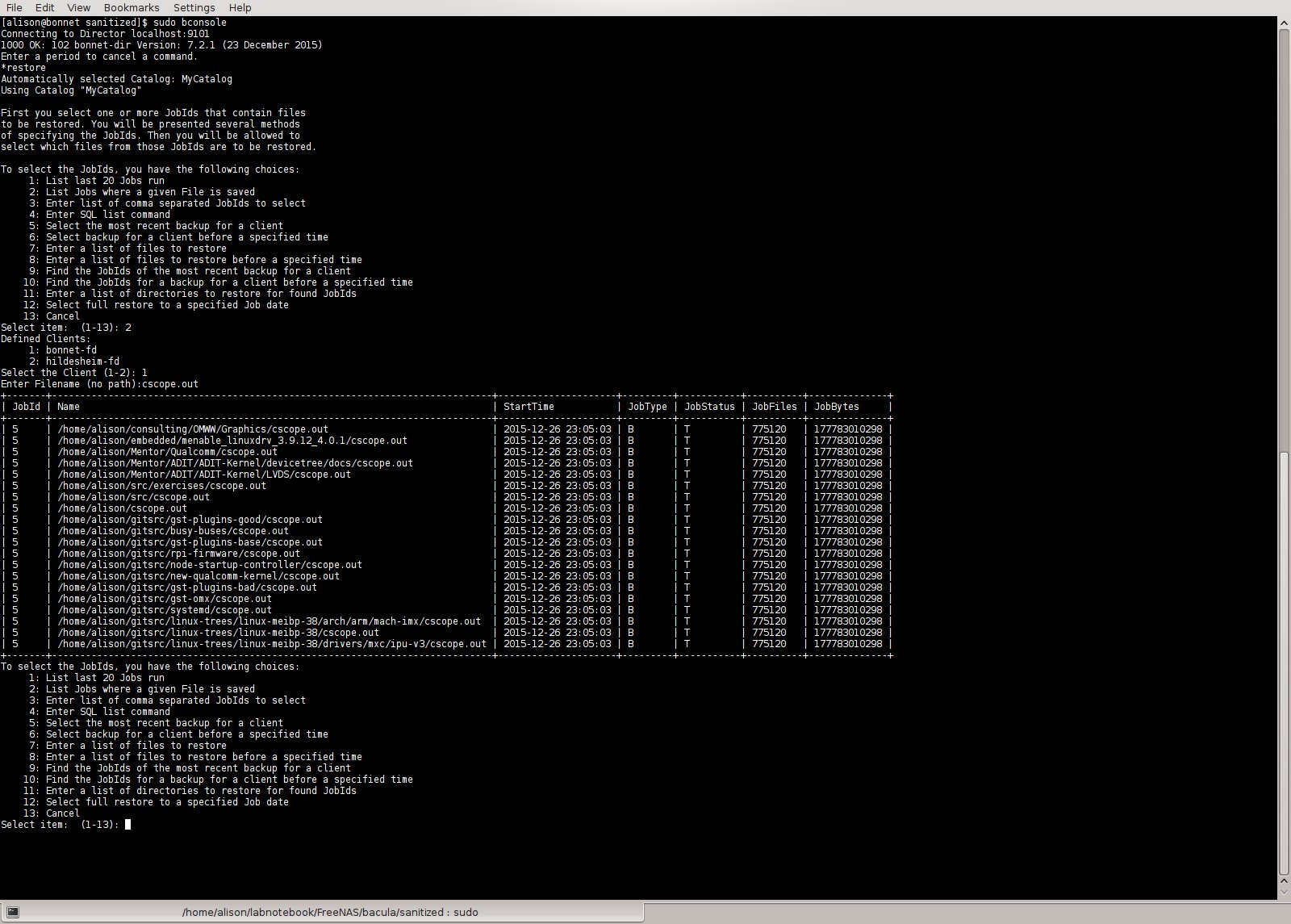 screenshot of restore
command processing in Bacula's bconsole interface
