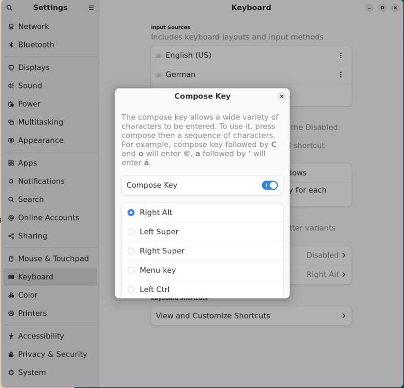 Rely on compose key for Gnome
